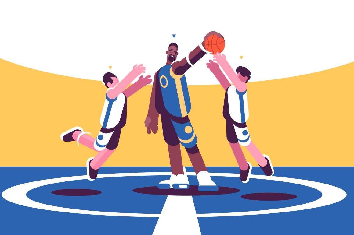Professional basketball players on court vector illustration. Sportsman in fighting for ball flat style concept. Men teams in different uniform taking part in sport competition
