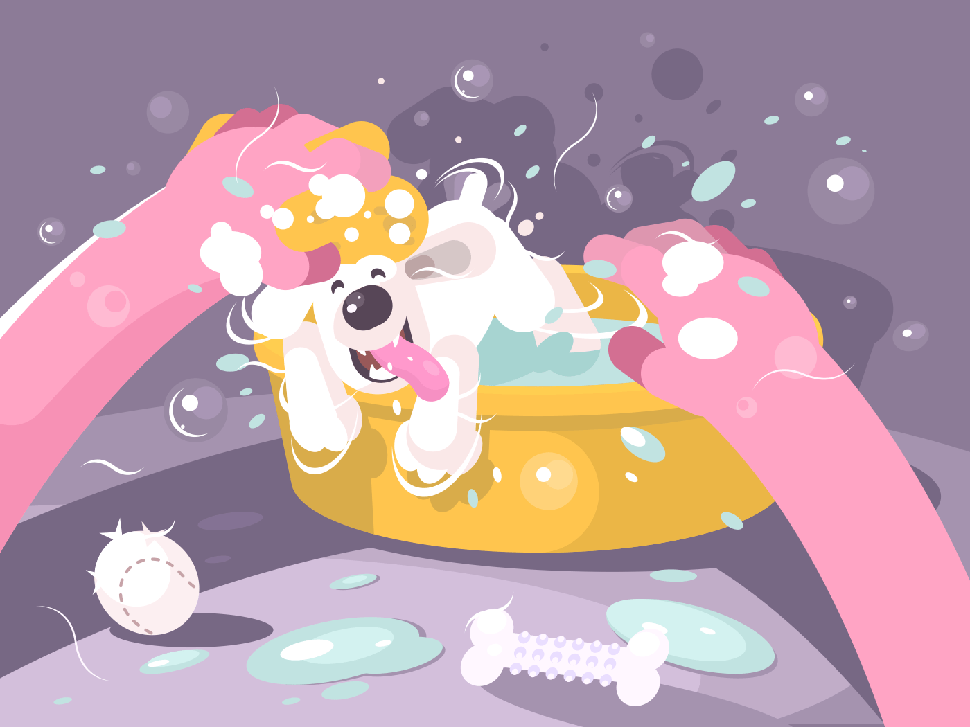 Bathing dog in basin with water. Doggie washing, vector illustration