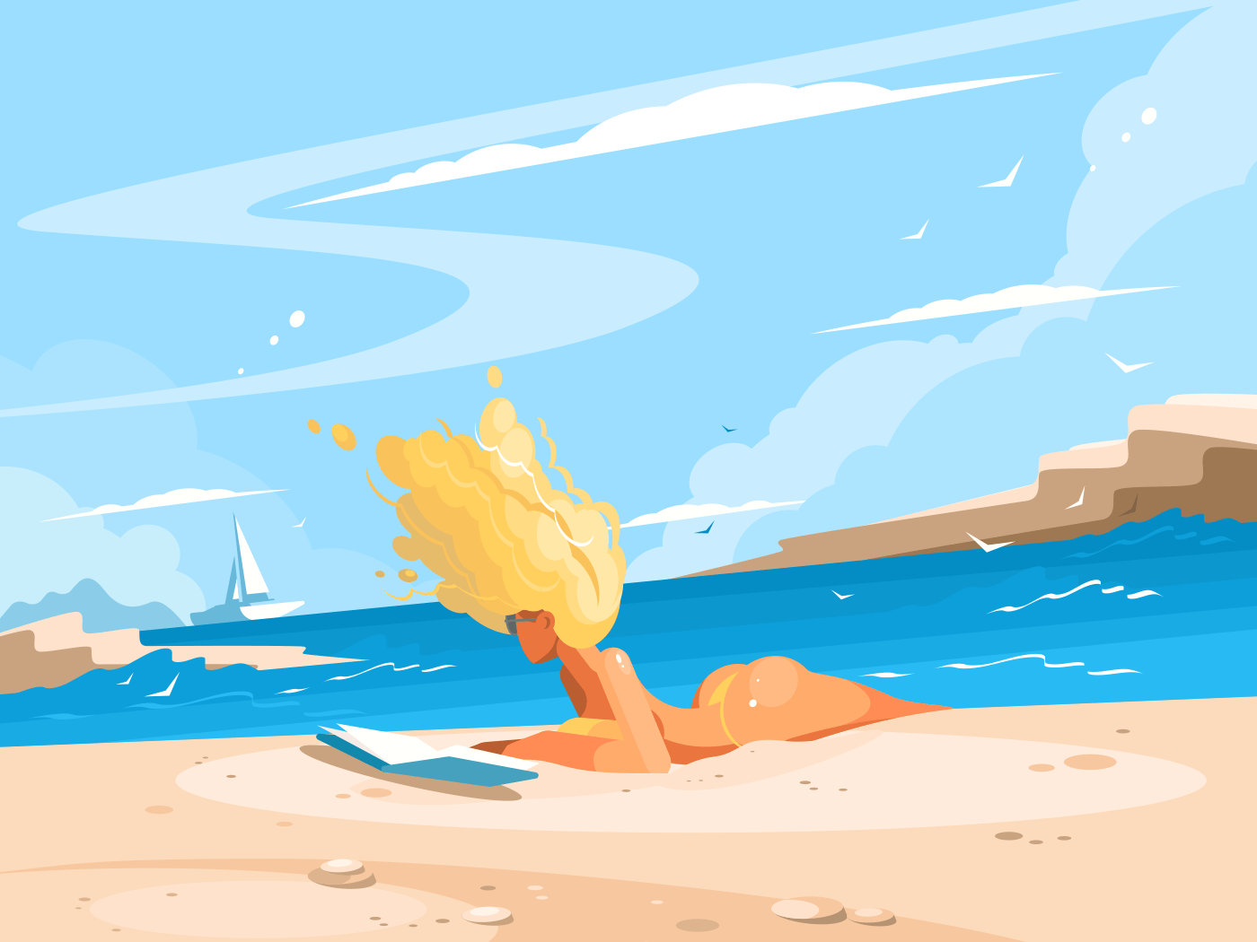 Young blond girl reading book on sunny beach. Vector illustration