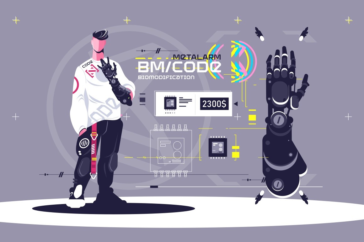 High technological biomodification vector illustration. Male standing and showing off new sci-fi modified hand. Cyborg man looking at metallic limb. Cyberpunk concept