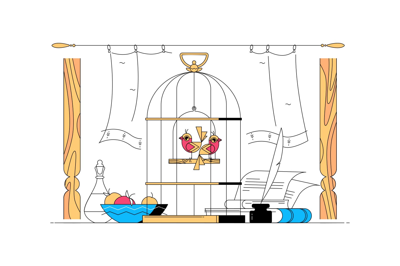 Cute birds in cage vector illustration. Birdcage with two little pets inside flat style. Fruits and feather with paper on table. Domestic animal concept. Isolated on white background