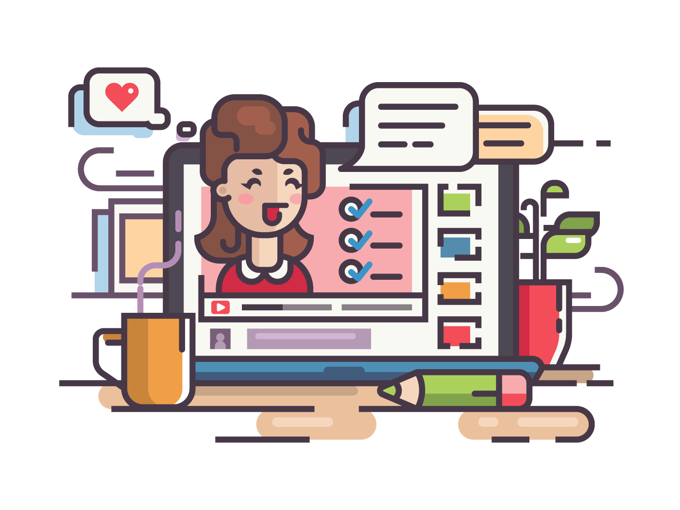 Blogger girl writes articles and videos for blog. Vector illustration