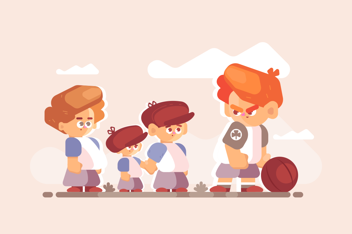 Boy fighter with good kids outside. Little disgruntled child standing clenched fists with ball vector illustration. Different children characters flat style concept