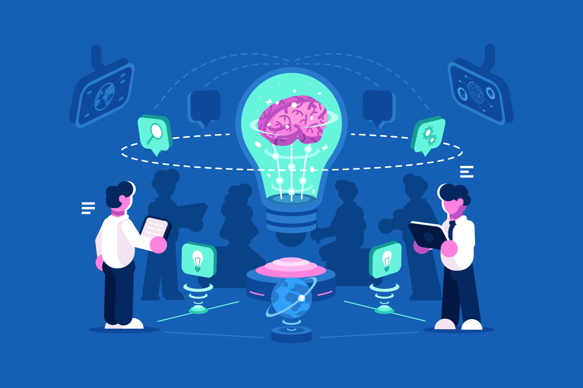 Business people team thinking a nd brainstorming. Team work process training of office staff. Increase sales and skills vector illustration. Business management teamwork flat style. Isolated on blue