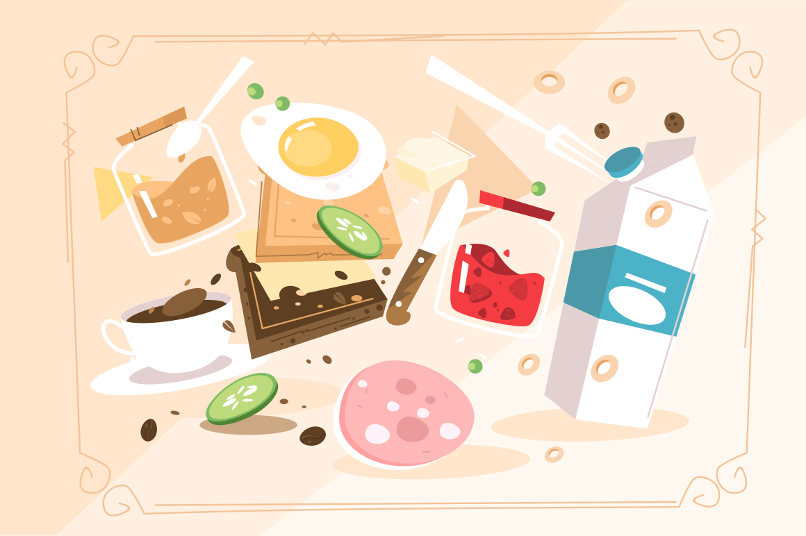 Products for cooking breakfast vector illustration. Milk fried egg sausage jam cucumber peanut butter coffee in rectangular flame flat style concept. Meals for brunch