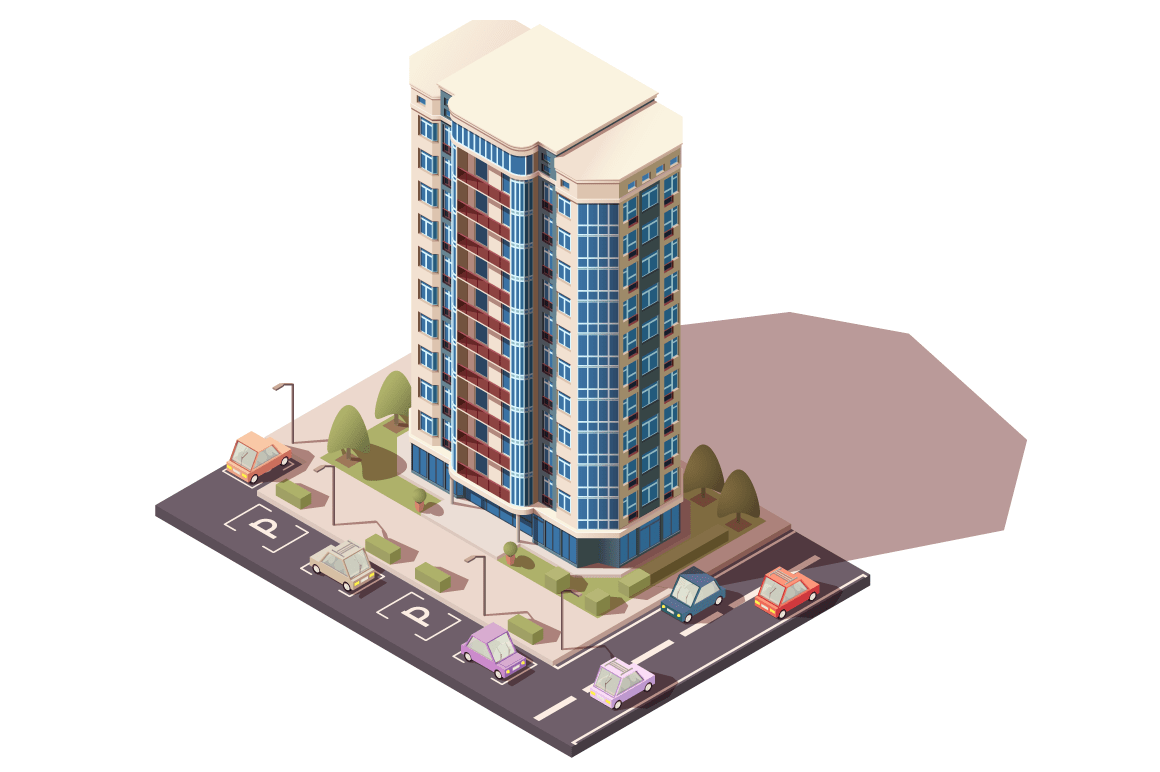 Large, big office building with parking with cars.
