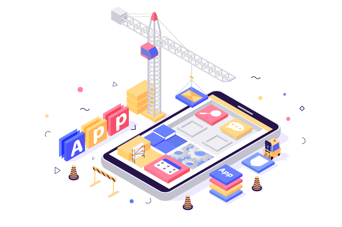 3d isometric build mobile application with search, message, setting, book icons, crane, forklift.