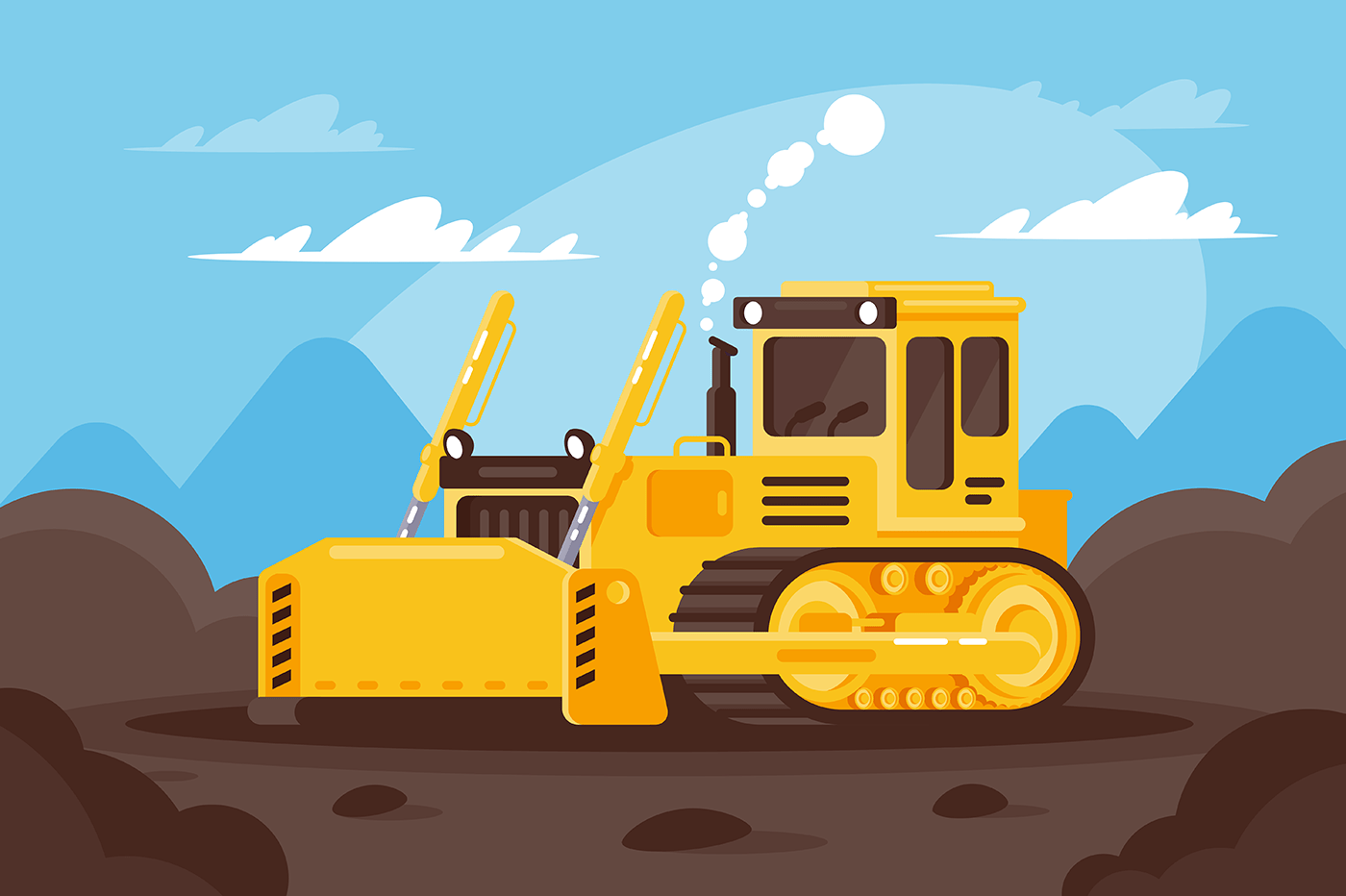 Bulldozer at a construction site surrounded by land.