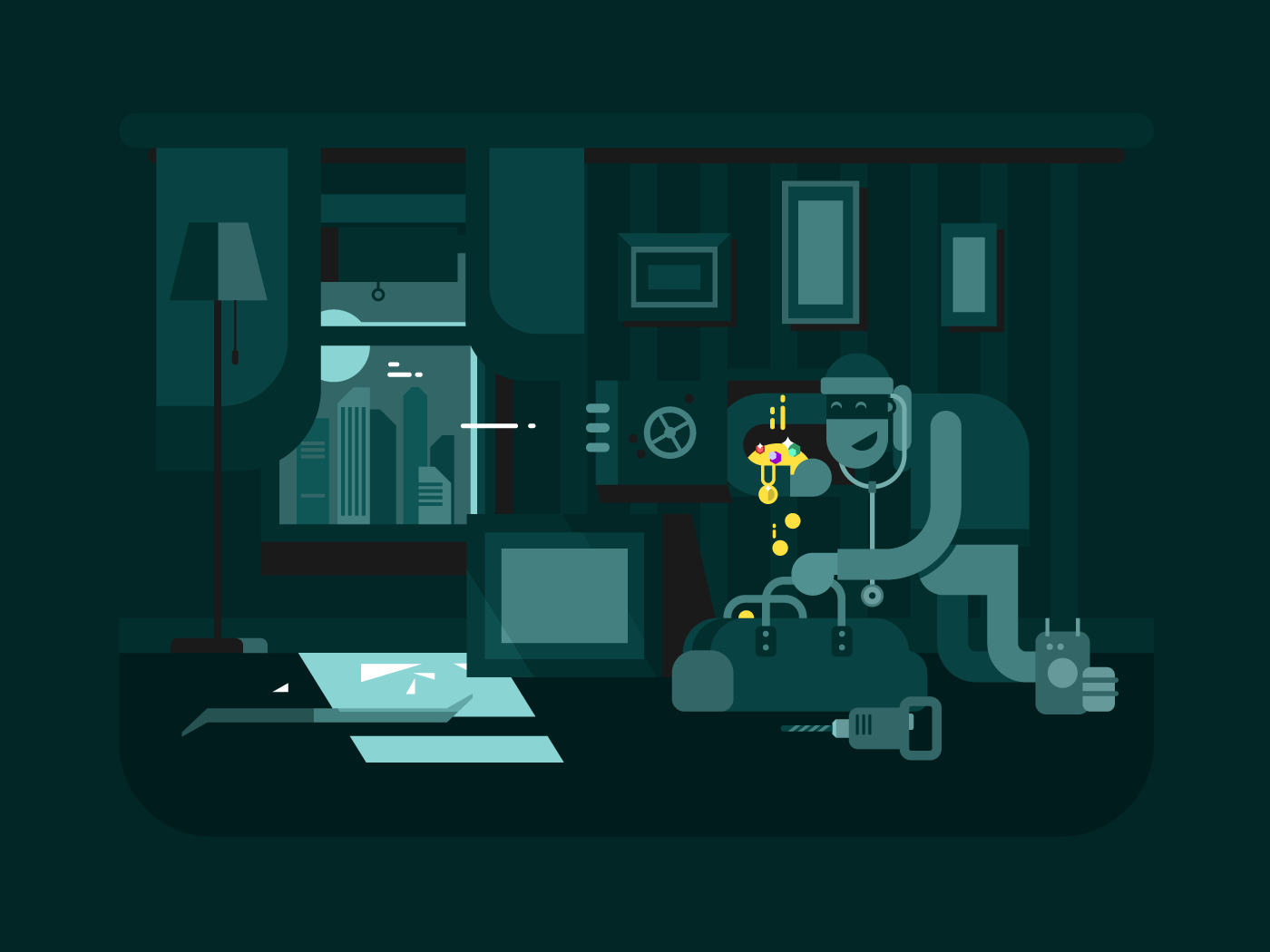 Burglar in the apartment flat vector illustration