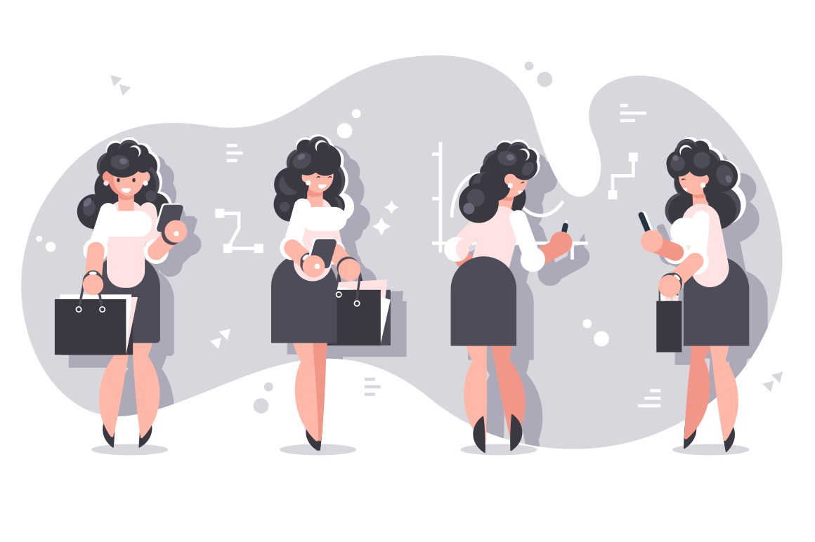 Set of cartoon businesswomen character design. Smiling woman in white blouses and black skirts standing with briefcases on charts background flat style vector illustration. Front back and side view