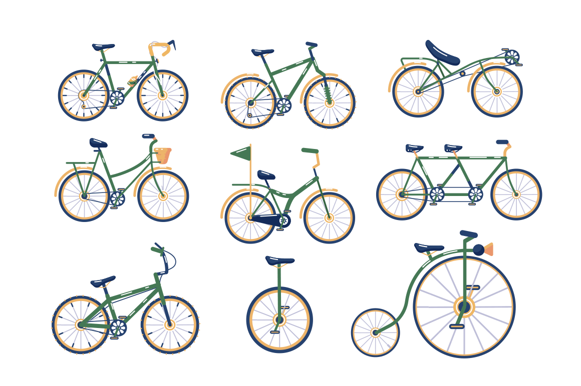 Different types of bicycles set vector illustration. Collection of various bikes, modern, traditional, sport, extreme flat style concept. Vintage and modern cycles. Isolated on white