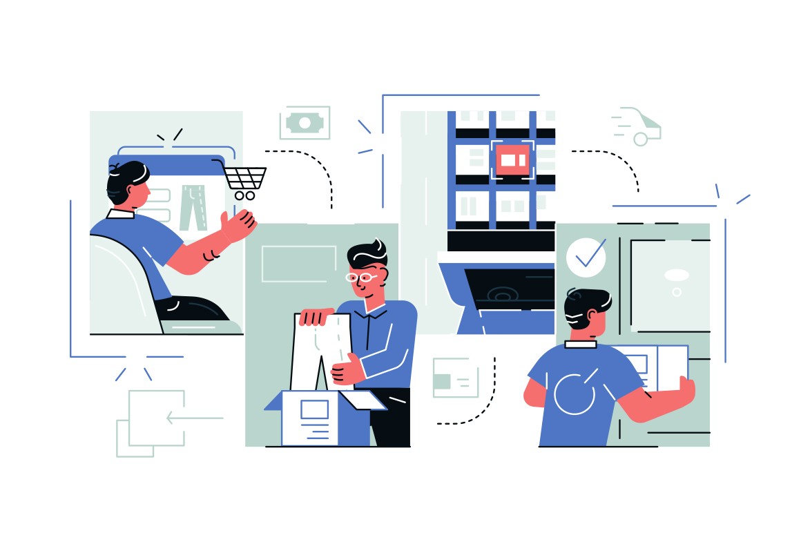 Buying goods process via internet app vector illustration. Steps of online shopping such as choosing clothes, making order, packaging and delivery flat style concept
