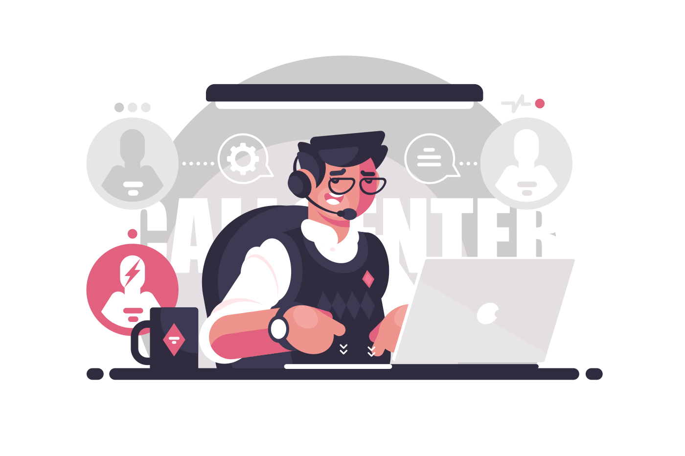 Call center employee in the workplace. Concept young man works and helps people. Vector illustration.