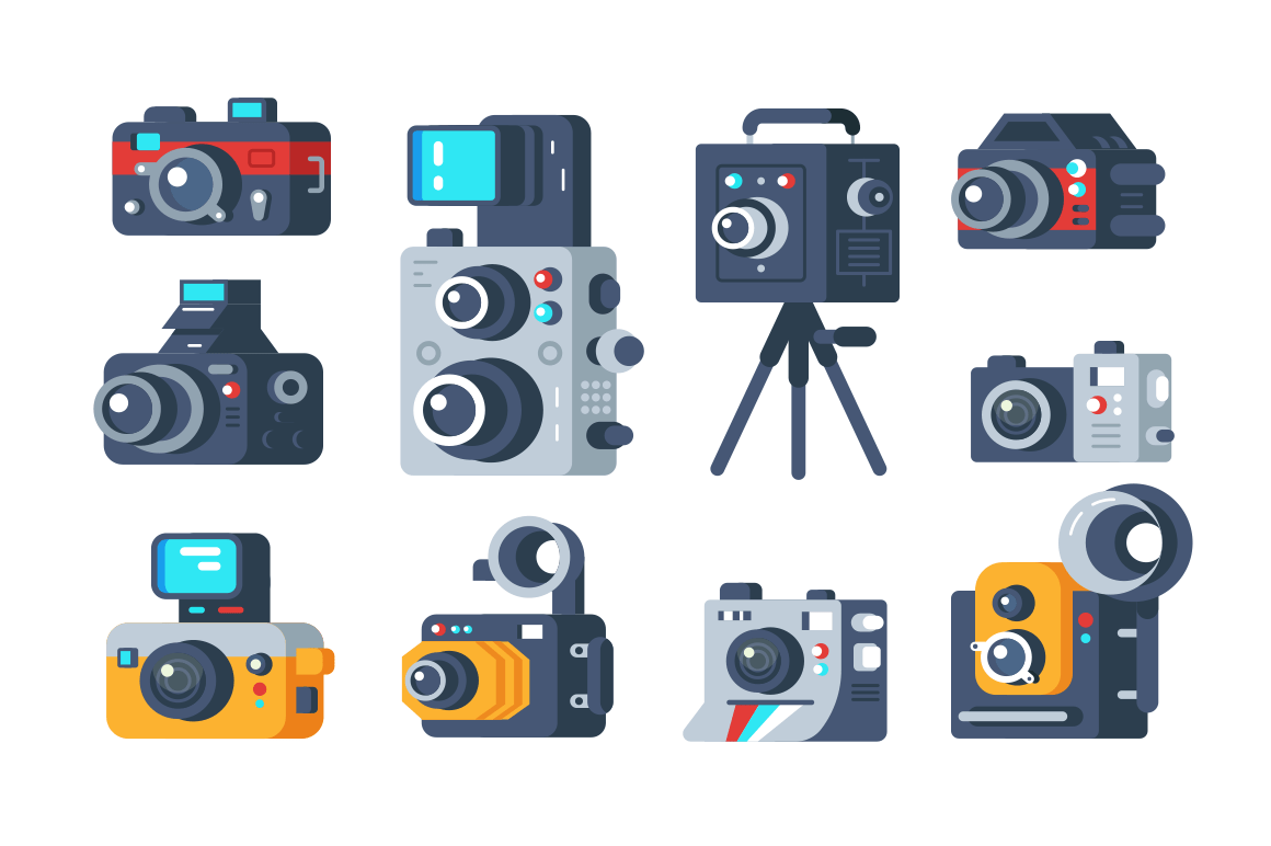 Different types of cameras set vector illustration. Collection of retro and modern digital camcorder flat style concept. Professional photography school or photo studio design. Isolated on white