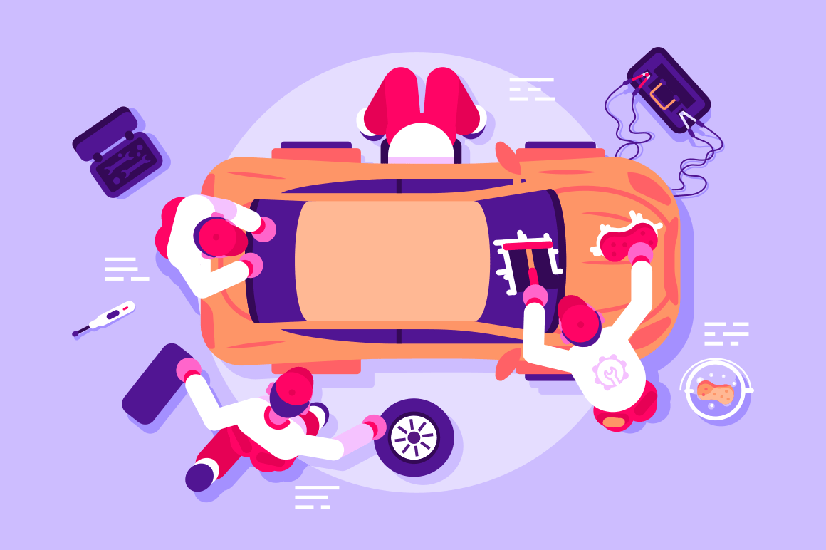 Workers in car service checking vehicle. Men repairing and polishing crashed automobile vector illustration. Team of mechanics working at workshop. Auto parts toolbox battery charging flat concept