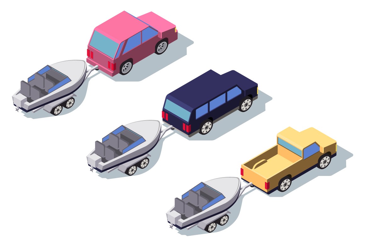 Isometric 3d back view classic pickup truck car with boat.