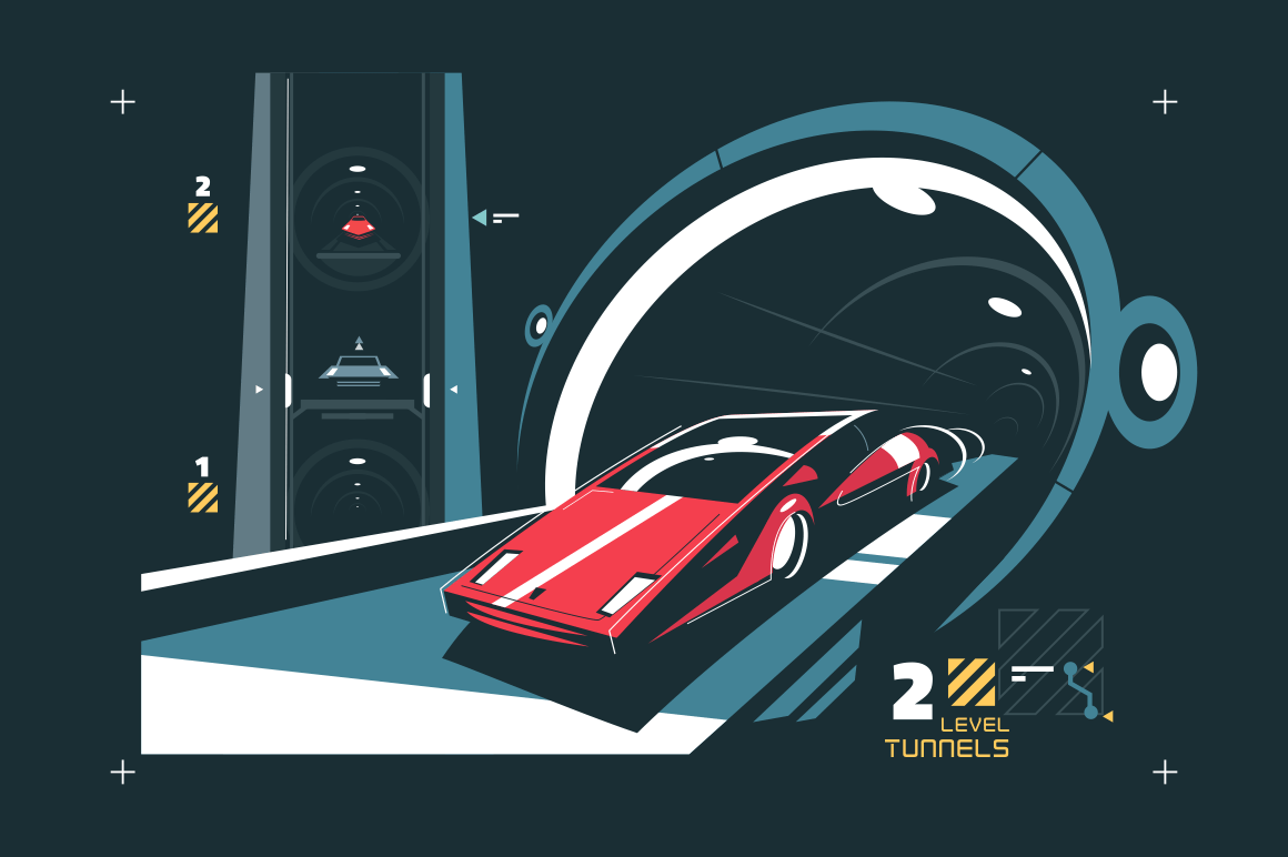Two levels cars tunnel with map of traffic vector illustration. Red auto driving via modern subway flat style concept. Speed road transportation system in night time