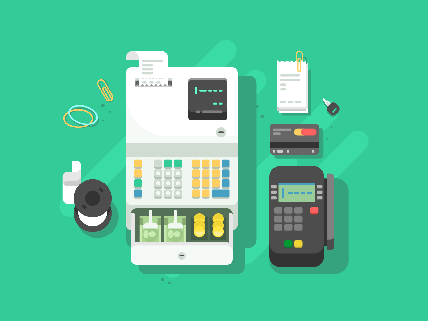 Cash machne and digital terminal for cards flat vector illustration