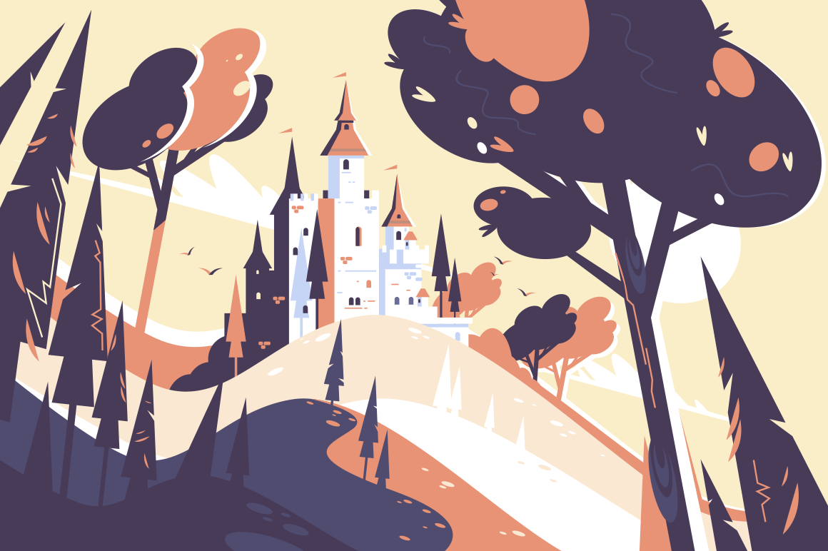 Old fairytale castle standing on hill landscape. Chateau surrounded with trees and plants vector illustration. Fairy medieval building located in forest flat style concept