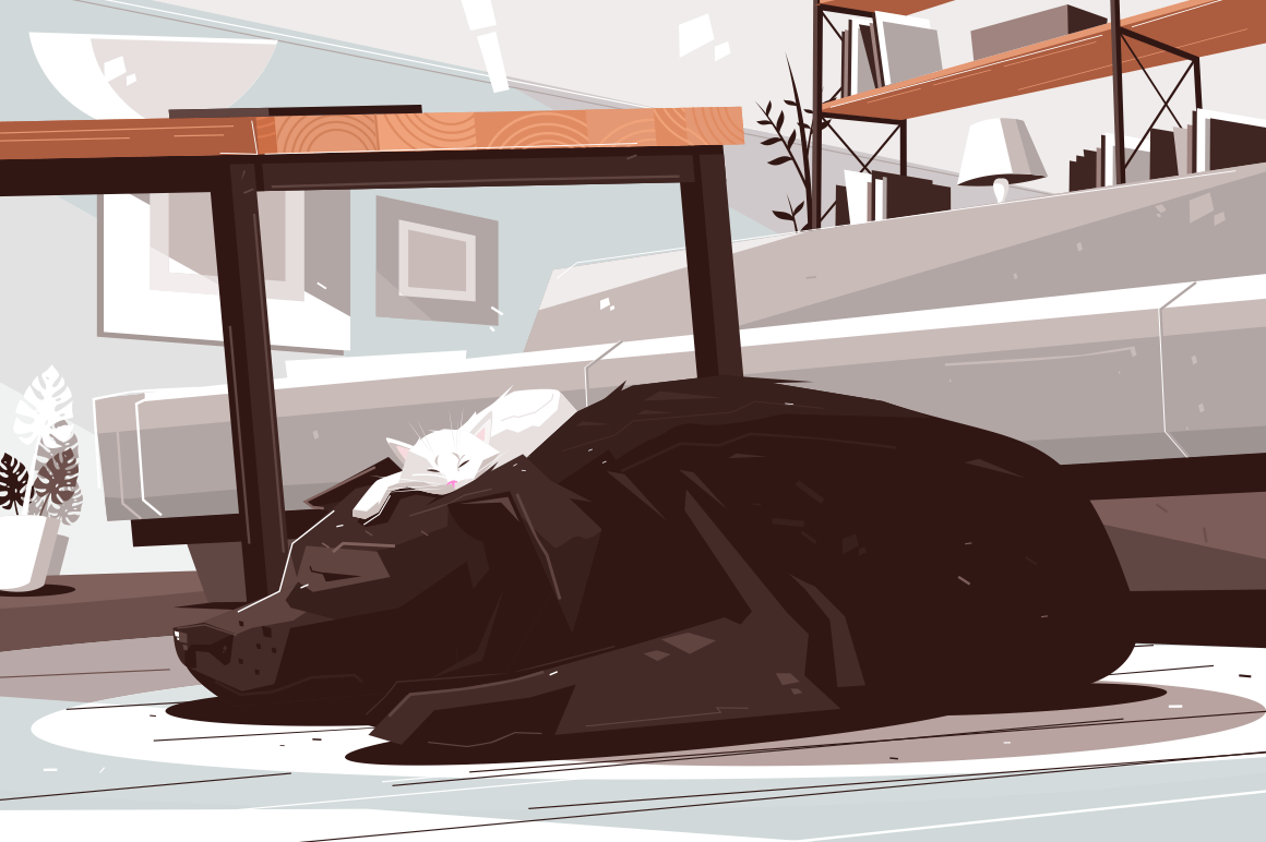Sleepy dog and cat daydreaming in living room. Buddies lying on carpet vector illustration. Giant retriever allowing small furry kitten sleeping on head flat style design. Strange friendship concept