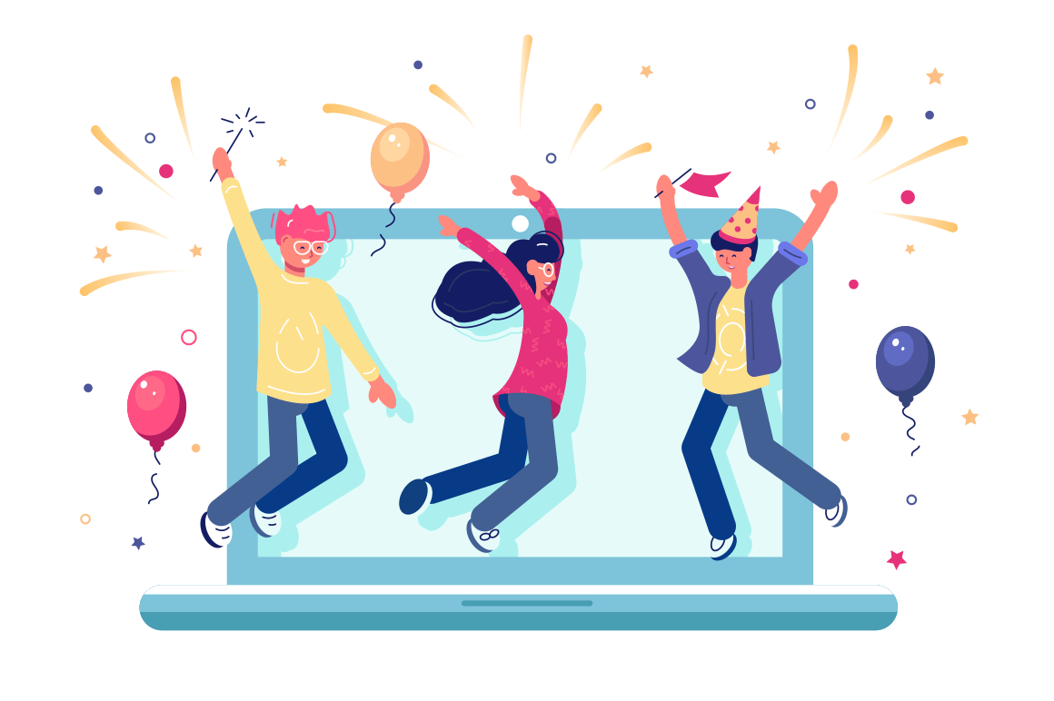 Team celebrating successful completion of internet project vector illustration. Cartoon smiling people with balloons and sparkles. Joyful atmosphere flat design. Teamwork concept. Isolated on white