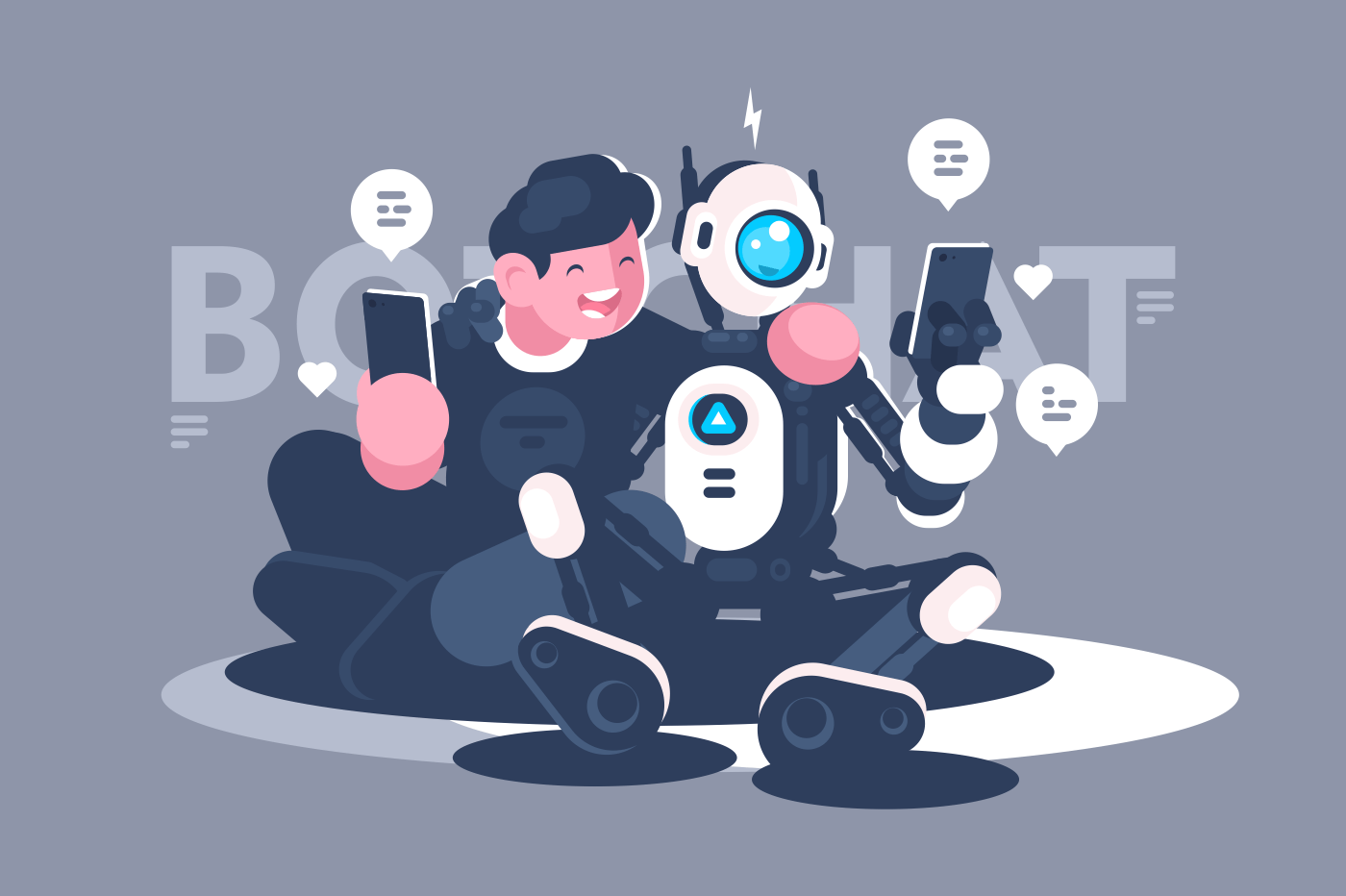 Chat bot helps man in his problem. Concept robot with people in online, internet, forum, web. Vector illustration.