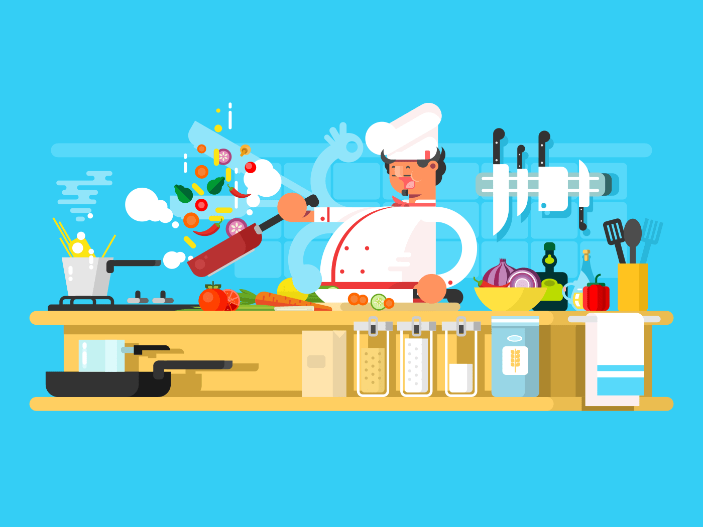 Chef preparing in the kitchen flat vector illustration