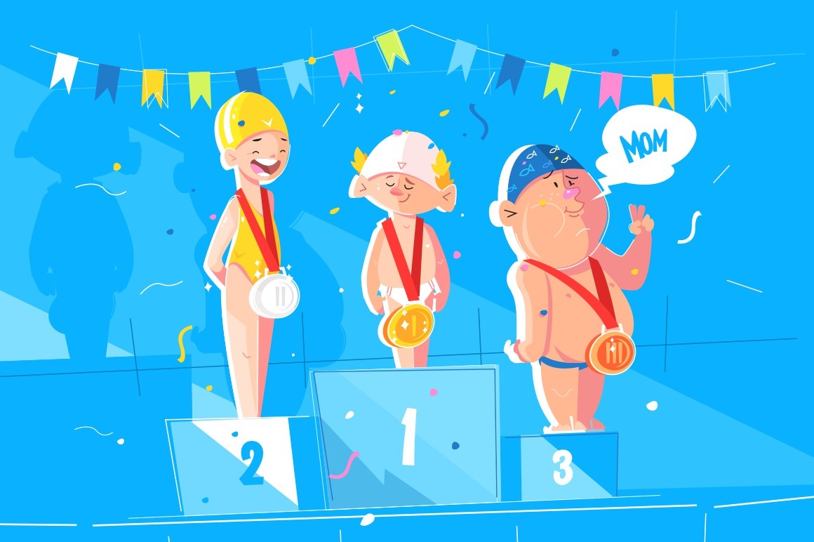 Sport childrens competitions vector illustration. Cartoon boys with gold, silver, bronze medals standing on award podium with first, second, third places flat style. Concept of competitive spirit