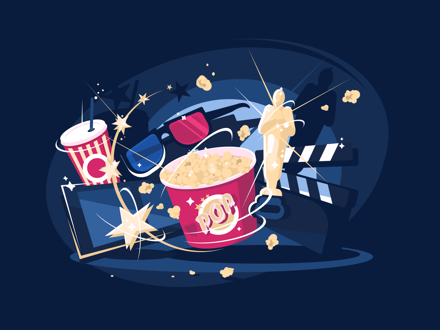 Film industry. Cinema accessories popcorn, award and 3d glasses. Vector illustration