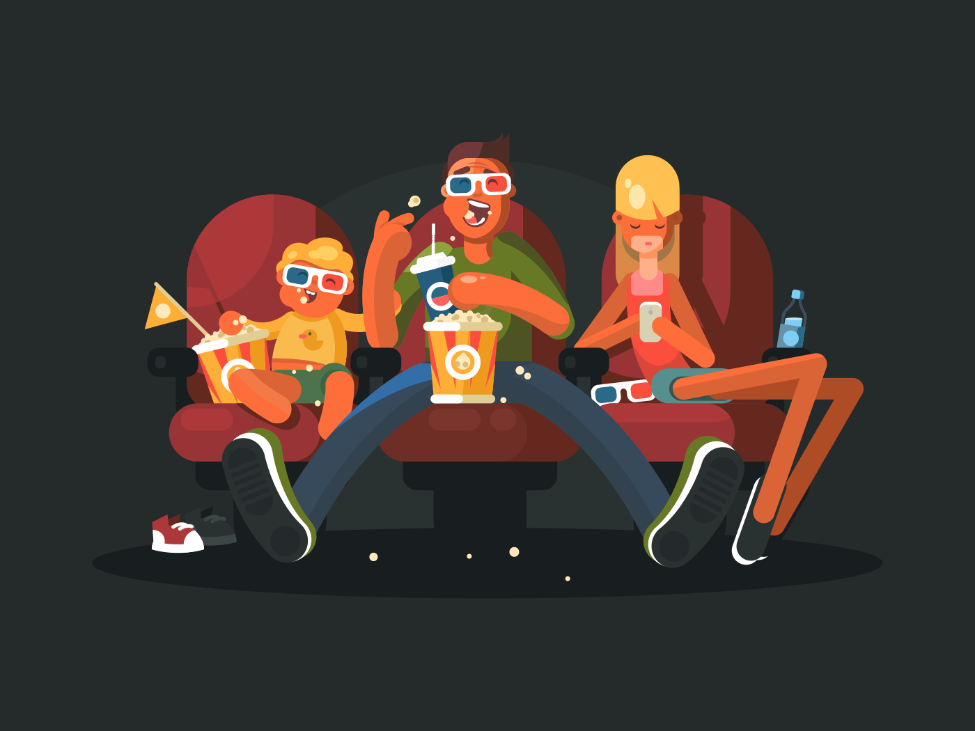 Family in the cinema watching movie flat vector illustration