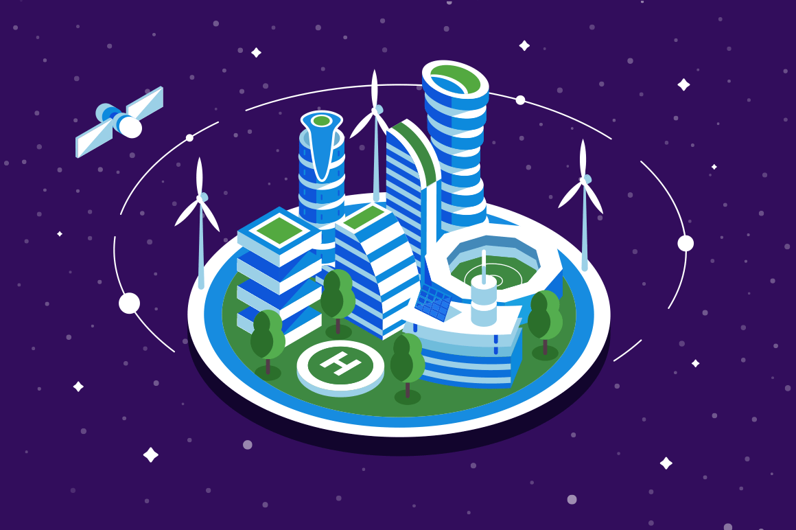 Futuristic space city vector illustration building with windmill. Modern methods of energy elaboration flat style concept. Sky with stars and satellite on background