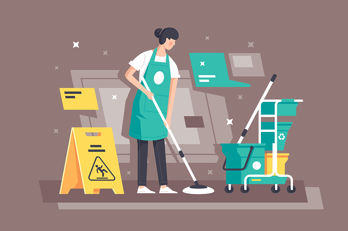 Flat young woman at work in cleaning services with special equipment.