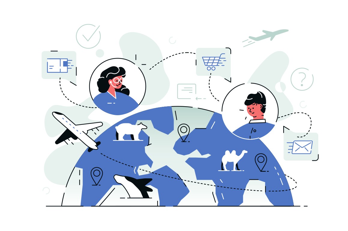 Online worldwide shopping vector illustration. People using internet application, communicating with consultant, choosing and buying goods with delivery all over world flat style concept