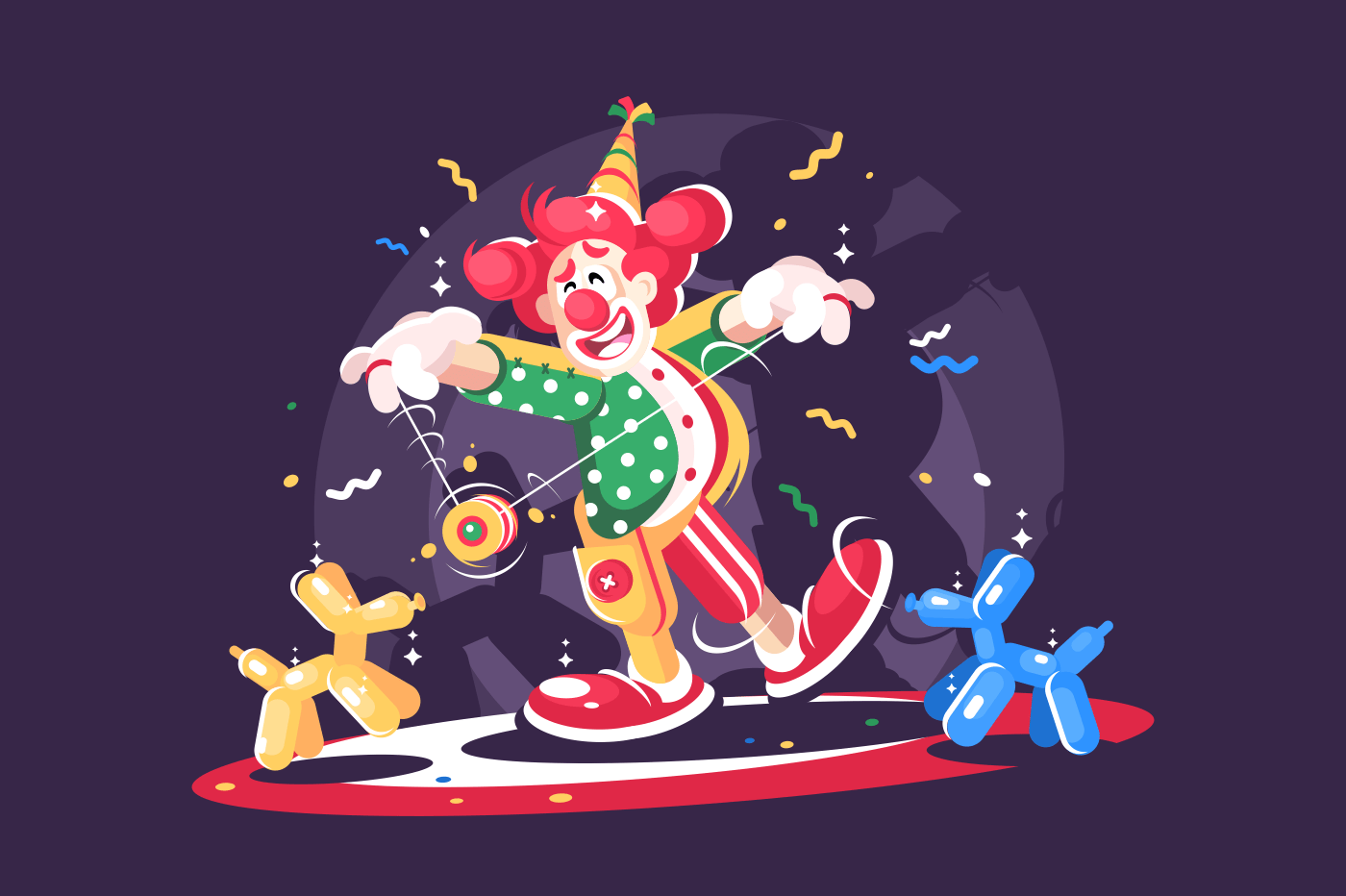 Circus show with cute clown and balloon animals. Comedian cartoon character. Flat. Vector illustration.