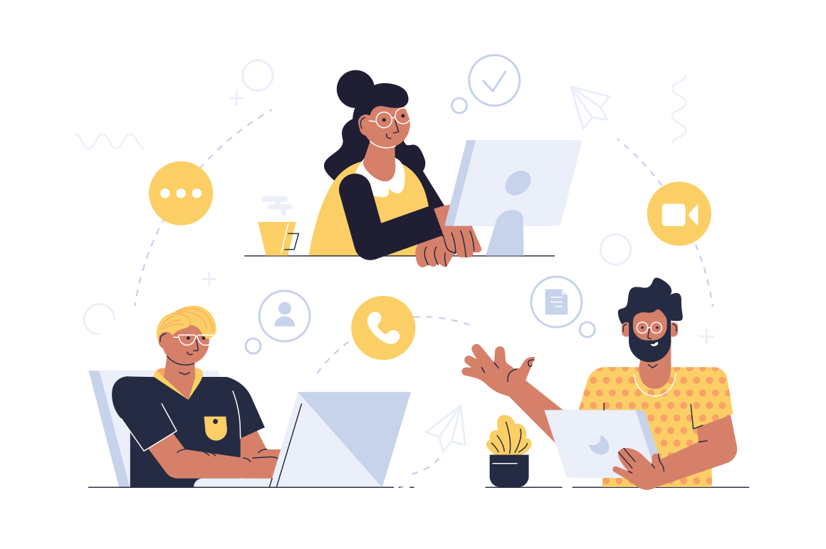 Modern communication technology vector illustration. People messaging talking and video calling via internet application on tablet laptop and computer flat style design. Global network concept