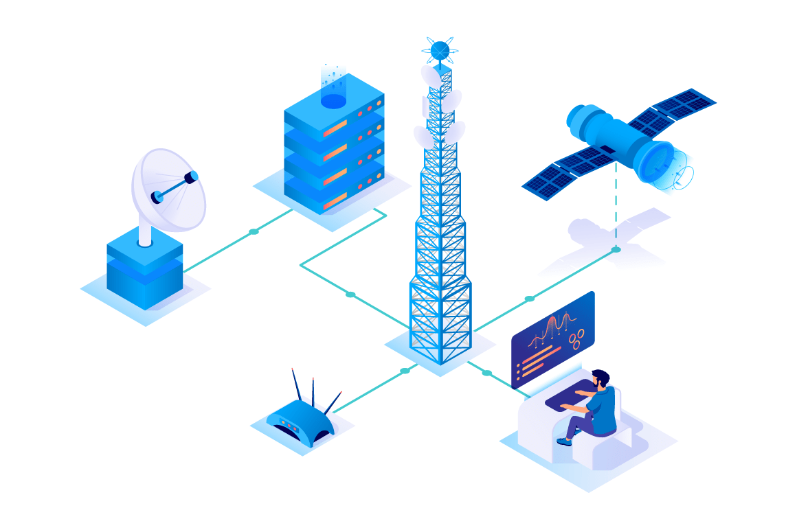 3d isometric communication network with satellite, wireless, servers.
