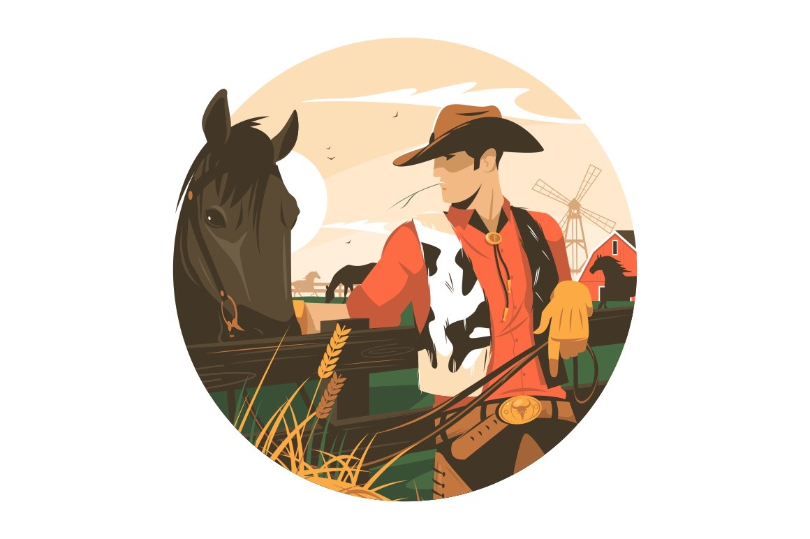 Cowboy with horse vector illustration. Cowpuncher and hoss in countryside farm flat style concept. Windmill and farmhouse on background. Isolated on white