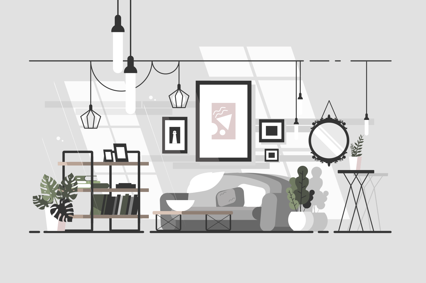 Cozy living room. Stylish interior with sofa. Vector illustration