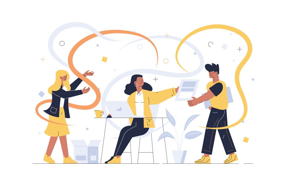 Creative team working together vector illustration. Designers creating new project flat style design. Man and women creators developing start-up in office. Teamwork concept