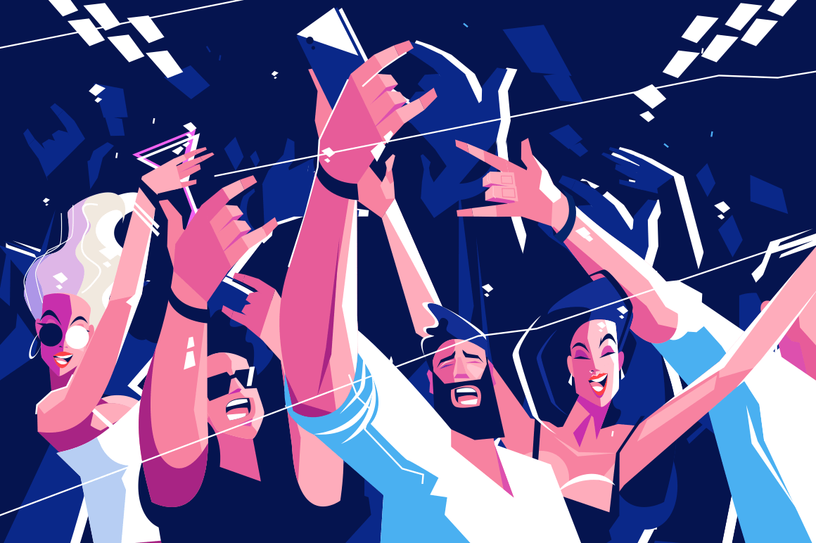 Noisy funny crowd vector illustration. Cheerful people screaming on concert or party. Bearded man making selfie on smartphone flat style design. Entertainment concept