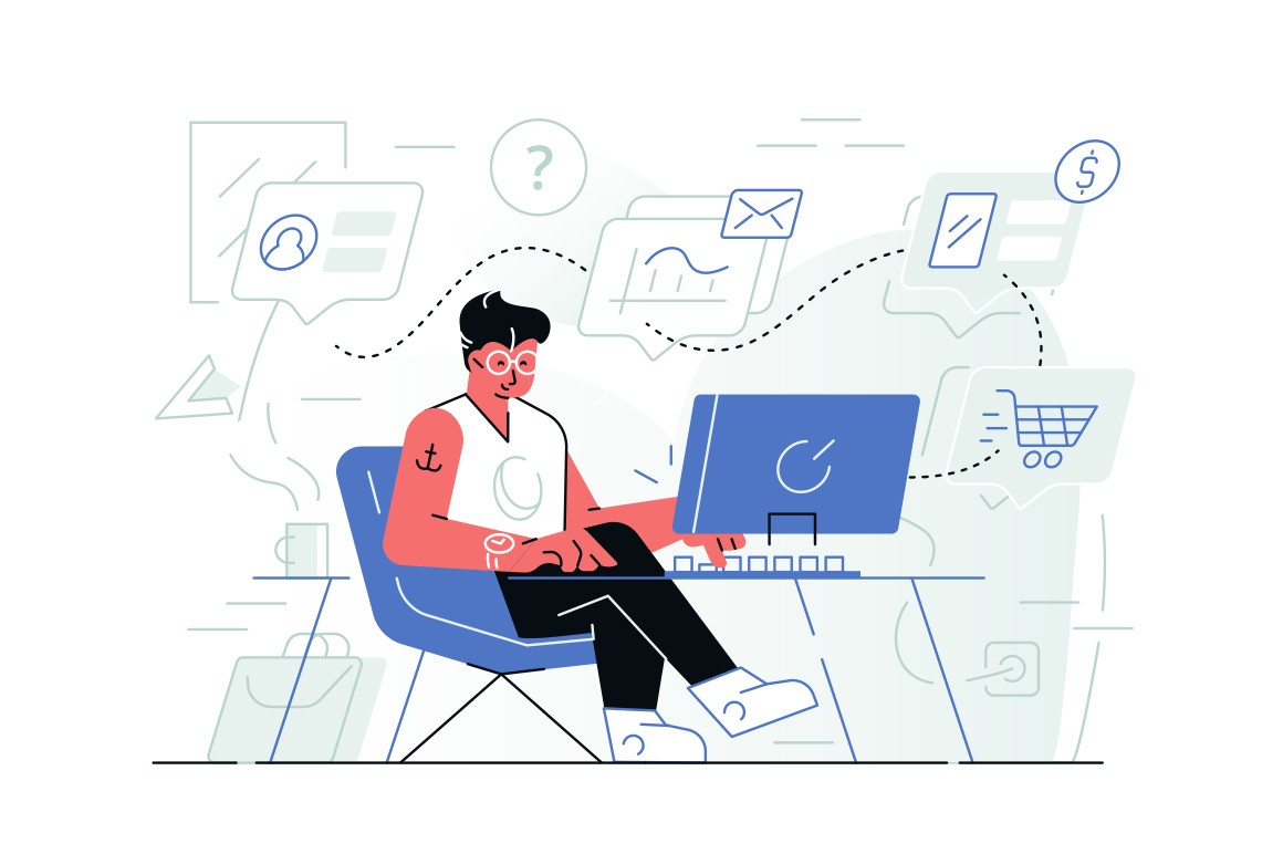 Steps of online shopping vector illustration. Guy sitting at computer and consulting with manager, making choice and placing order in internet shop flat style concept
