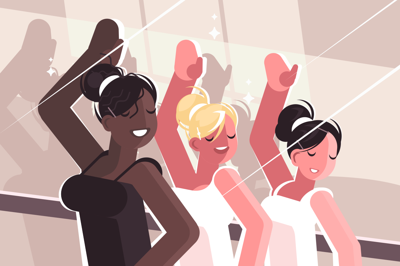 Girls learn in dance class. Rehearsal to perform on stage. Vector illustration