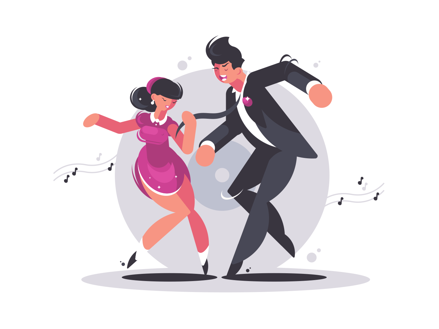 Happy couple of guy and girl dancing. Musical active dance. Vector illustration