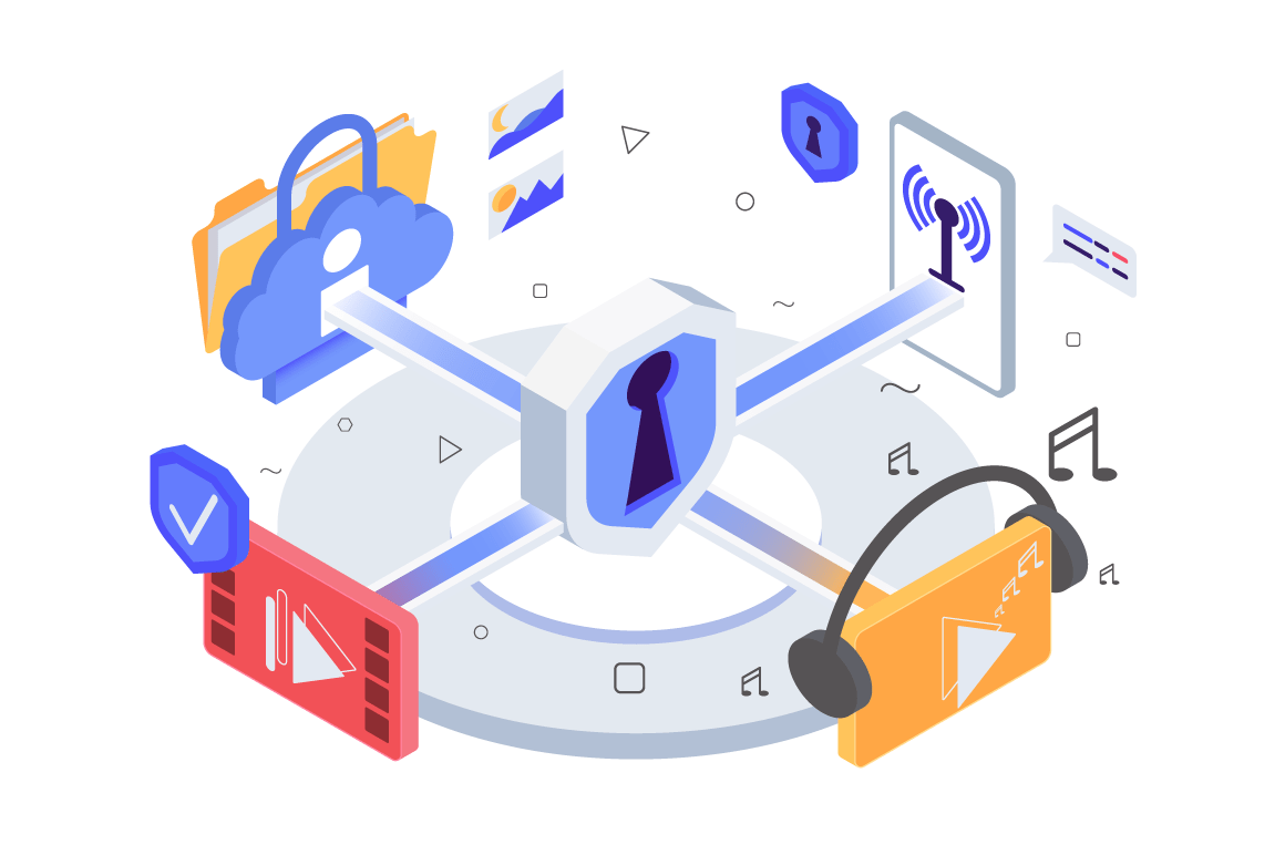 Isometric 3d app icons, music, video, wireless network, personal information with data protection.