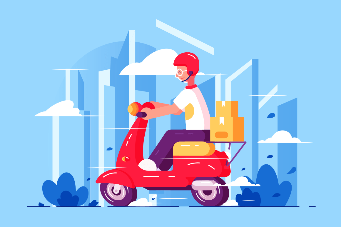 Man courier driving on scooter vector illustration. Motorcycle express service flat style concept. Delivery quickly everything small parcel. Cityscape on background