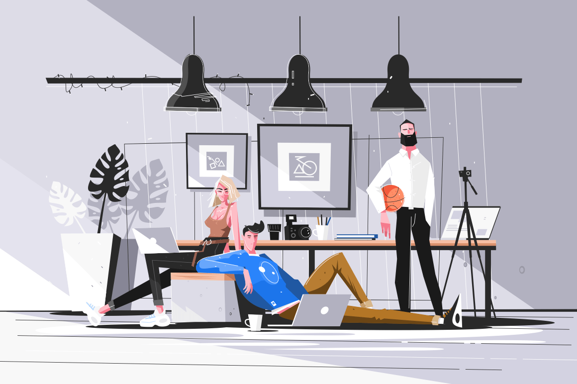 Designers working in studio vector illustration. Men and woman doing new projects in office. Creative people creating websites. Bureau interior. Teamwork concept.