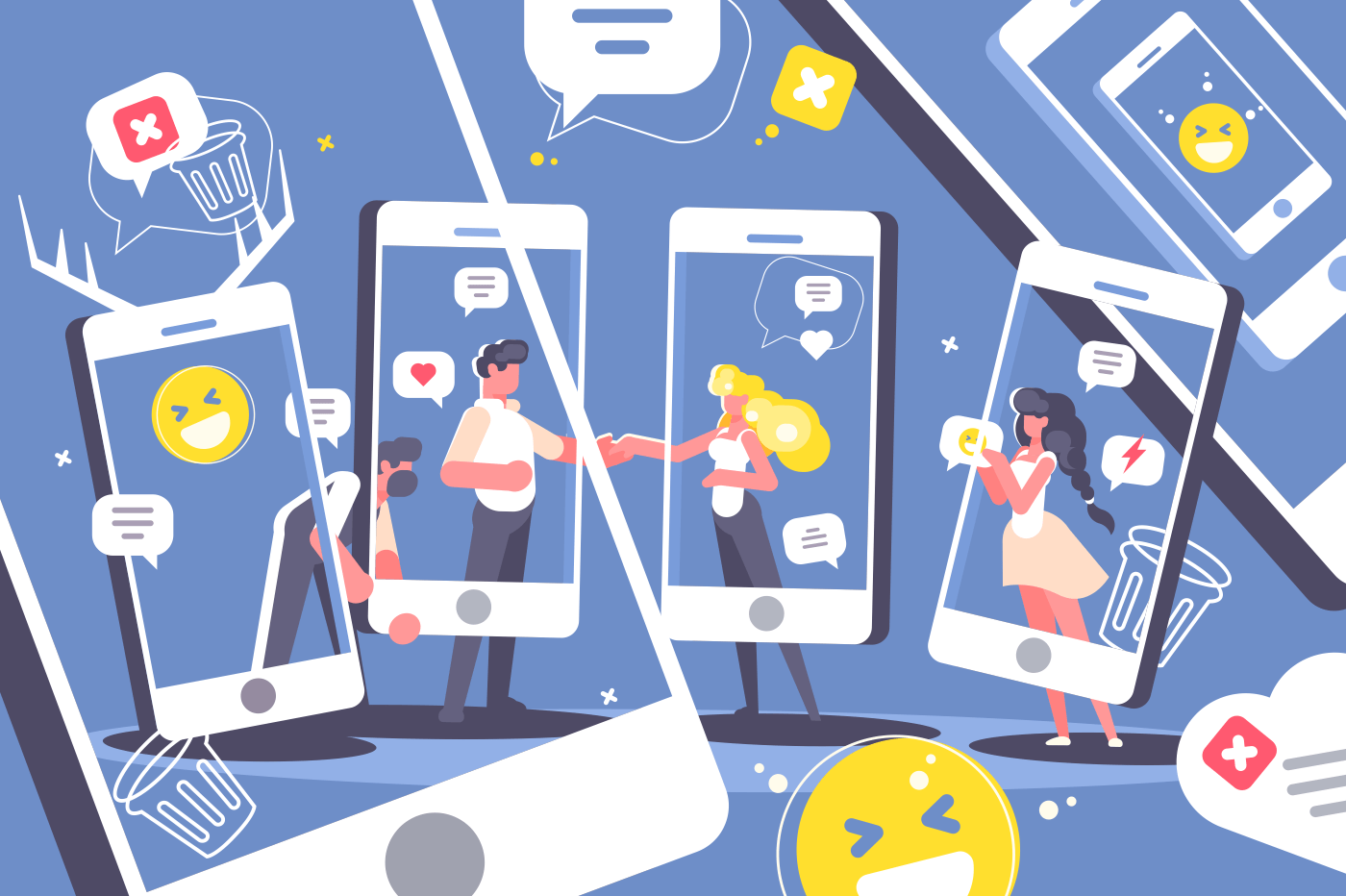 Digital mirror, life through smartphone. Communication in social networks and messengers. Vector illustration