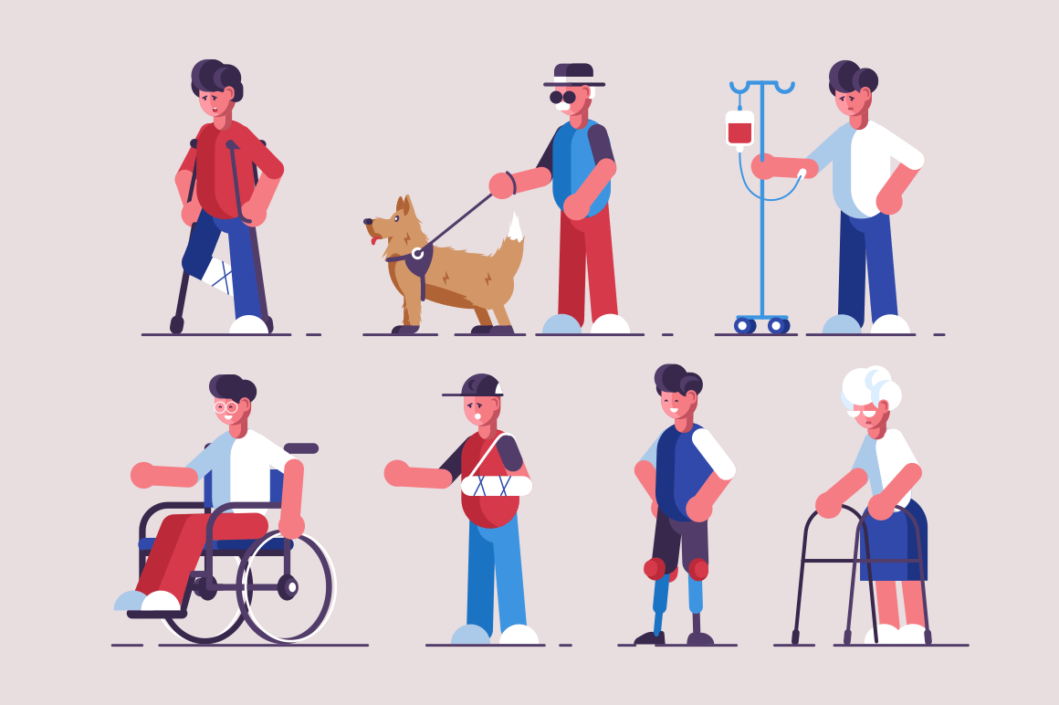 Disabled characters set vector illustration. Collection consists of handicapped flat style concept. People with disabilities such as broken leg hand blindness prosthetic