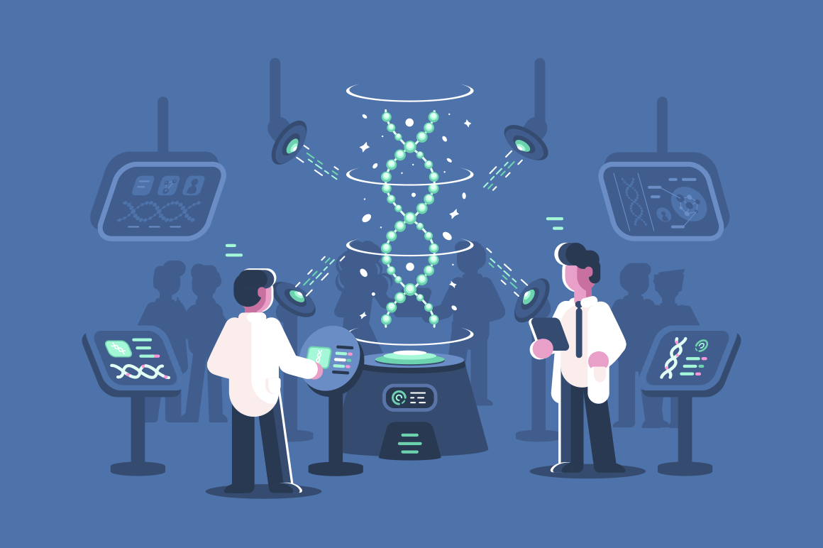 Genetics doctors researching dna in laboratory vector illustration. Two men in science lab with special equipments for research and experiments of deoxyribonucleic acid molecules flat style
