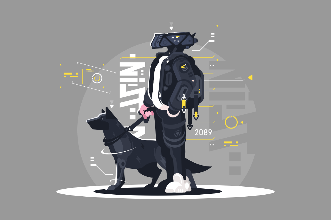 Drone dude walking with dog vector illustration. Robot going with doggy on leash flat style design. Futuristic services and future technologies concept